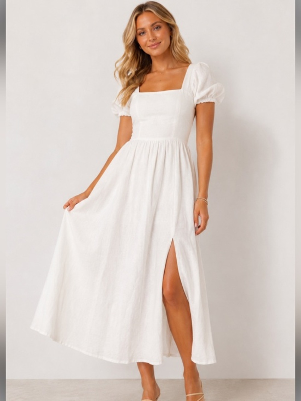 Sugar + Lips XS White Linen Blend Puff Sleeve Midi cottagecore Dress Side Slit